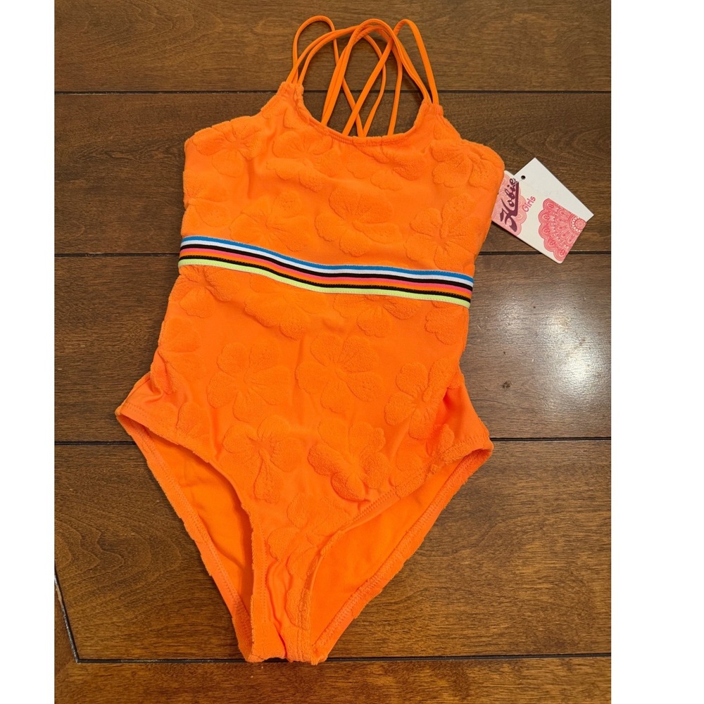 NEW Hobie Girls Neon Orange Floral Textured One Piece Swimsuit Size 8 HG3YF05G